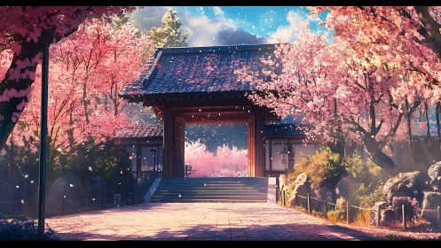 Cherry blossom temple gate under radiant spring light.