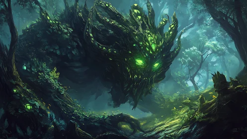 Emerald forest colossus awakening beneath misty canopies.
