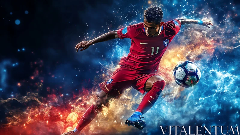 Soccer player in red kit controlling ball amid color effects.