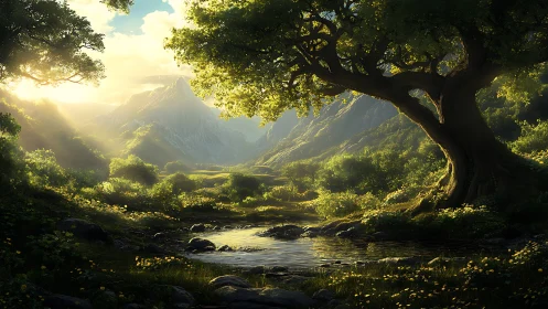 Alpine Valley Dawn: Luminous Landscape Through Ancient Forest.