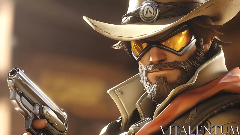 Cybernetic gunslinger portrait with futuristic revolver.