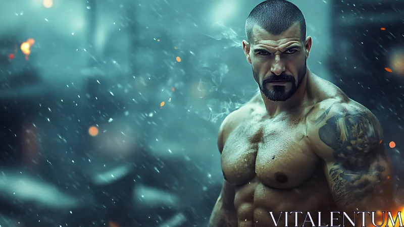 Shirtless muscular man in blizzard with cinematic blue lighting.