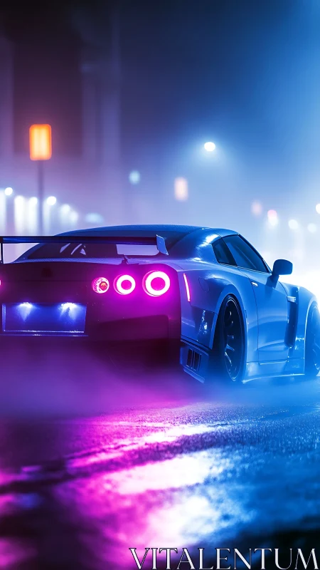 Neon street racer in cinematic cyberpunk rear perspective.