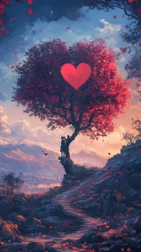 Heart-Shaped Tree with Red Foliage Against Sunset Landscape