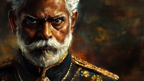 Stern elder in ornate uniform against textured background.