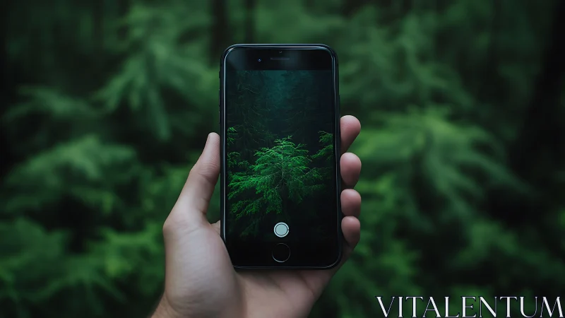 Photorealistic smartphone framing lush forest foliage scene.