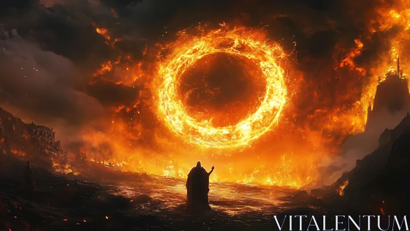 Fiery summoning ring engulfs a dark volcanic landscape.
