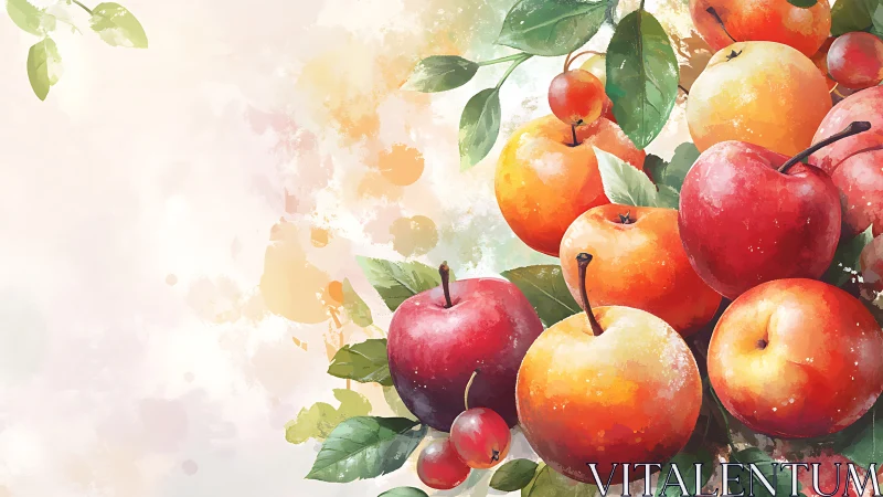 Sunlit watercolor apples gathered in a cheerful garden hush.