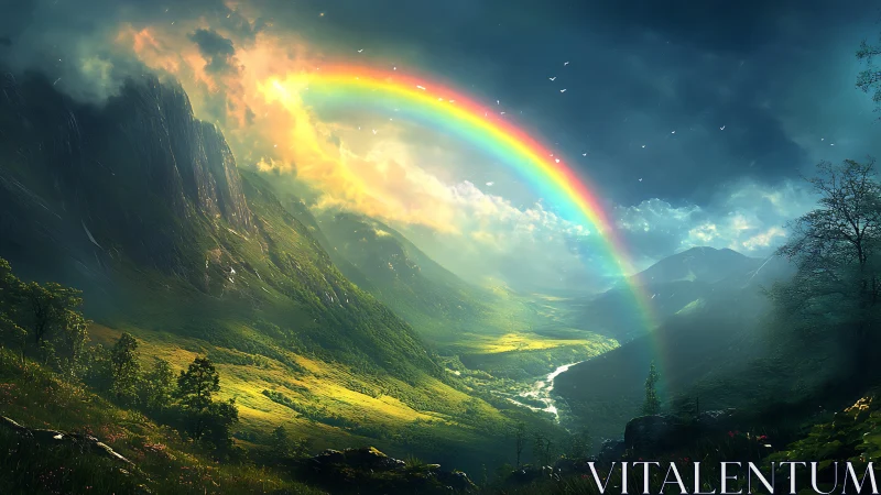 Rainbow arc crowns a mythic valley of stormlit emerald light.