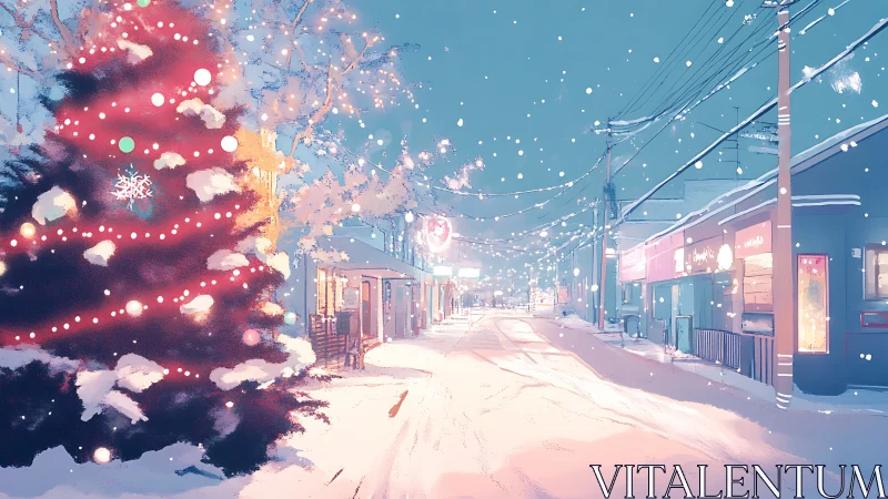 Snowy town street with illuminated outdoor Christmas tree.