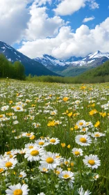 Alpine wildflower meadow under snowcapped mountain peaks.