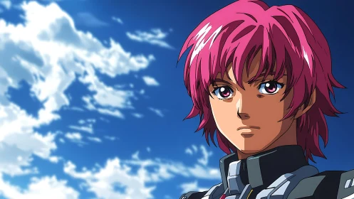 Pink haired anime pilot stands under bright blue sky.