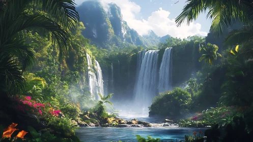 Lush tropical waterfall basin with misty jungle depth.
