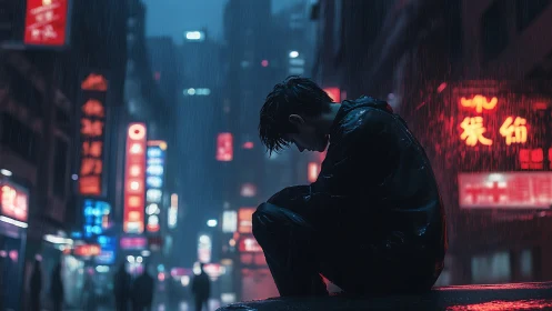 Silhouetted person sits in heavy rain on neon city street