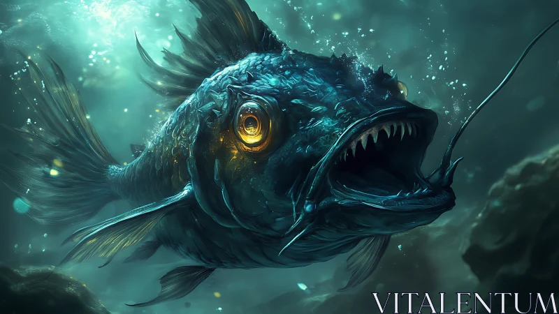 Deep sea predator fish with glowing bioluminescent eye.