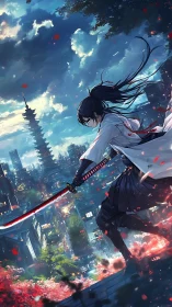 Twilight samurai poised above a neon-bright city skyline.
