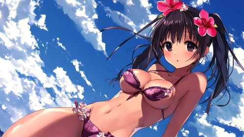 Anime girl in pink bikini against blue sky with clouds.