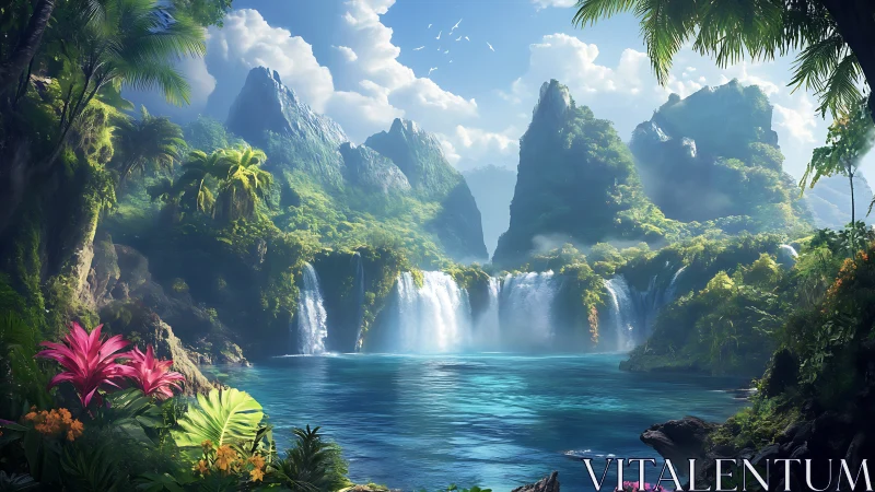 Lush tropical lagoon with multi-tier waterfalls and jagged peaks.