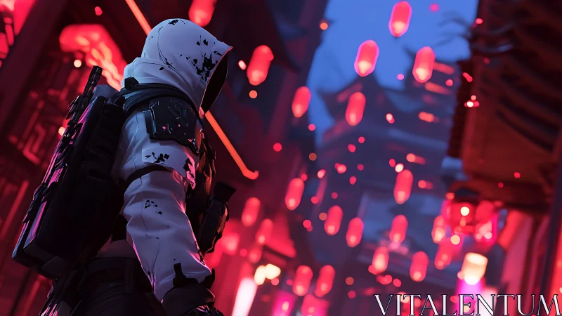 Hooded tactical figure walks through neon lit lantern street