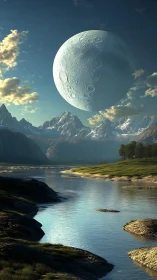 Colossal moonrise over crystalline river and silent peaks.