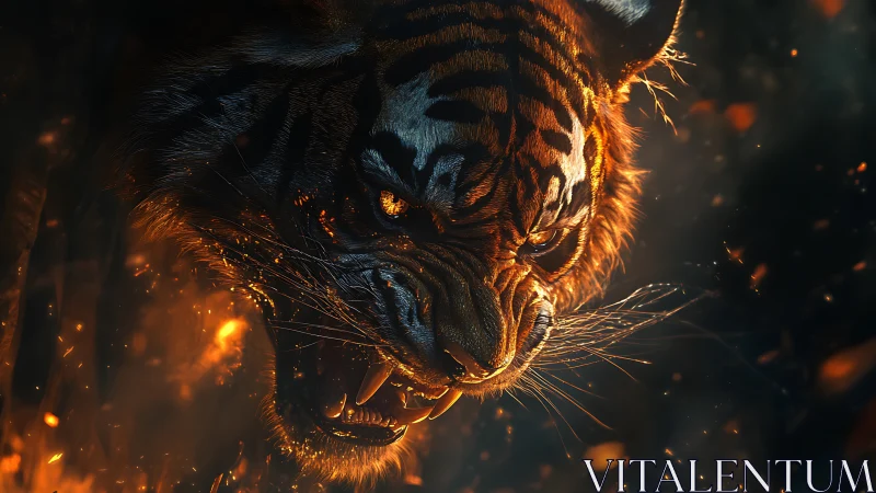 Infernal tiger roar ignites molten embers and smoke.