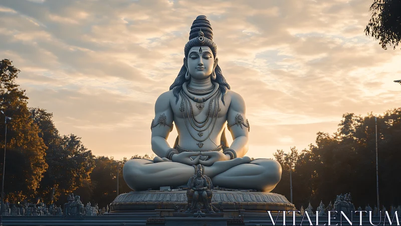 Serene Shiva statue meditates under a warm glowing sky.