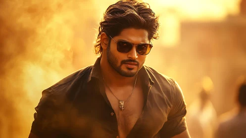 Backlit male portrait in warm golden bokeh with shallow depth