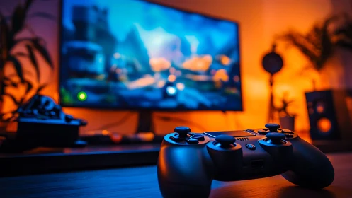 Game controller in cinematic neon blue and orange bokeh.