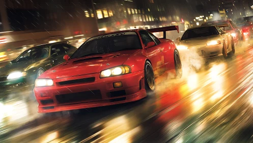 Red tuner car leads neon‑lit night street race in heavy rain