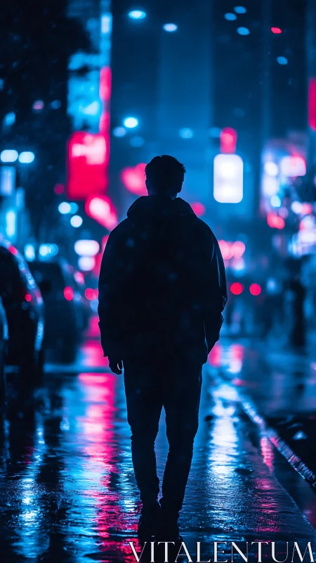 Neon rainwalker glows against electric midnight city haze.