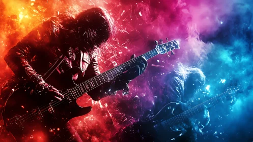 Electric guitarists in divided red and blue smoke field.