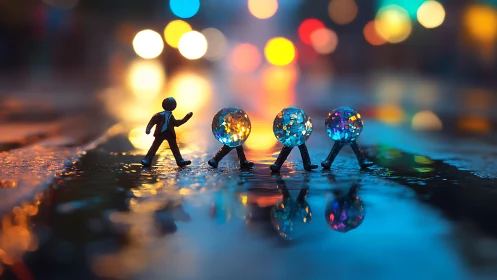 Miniature figure walks beside gem-headed figures on wet street