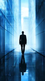 Solitary Executive Navigating Reflective Urban Corridor Geometry.