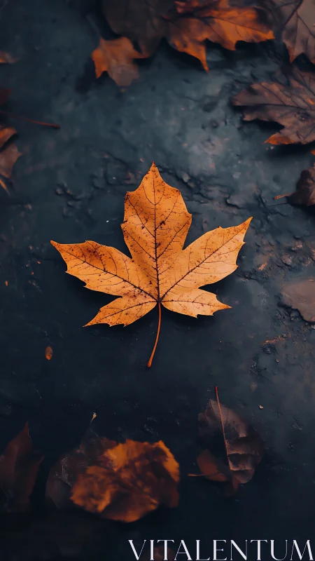 Autumn maple leaf on wet asphalt in shallow depth of field.
