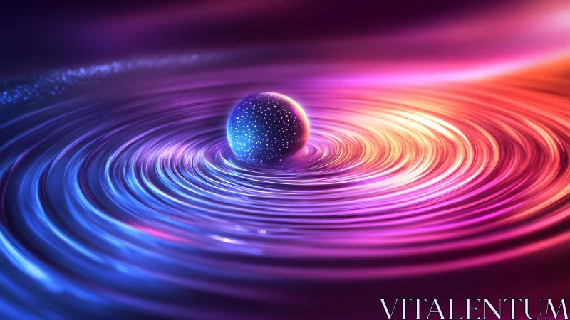 Glowing Sphere on Vibrant Rippling Surface in Abstract Digital Art.