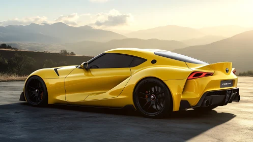 Sunlit yellow sports coupe poised before hazy mountains.