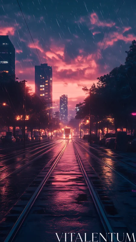 Rain soaked tram tracks under magenta dusk city skyline
