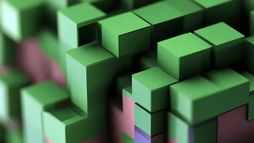 Stacked green cubic forms create stepped geometric surface