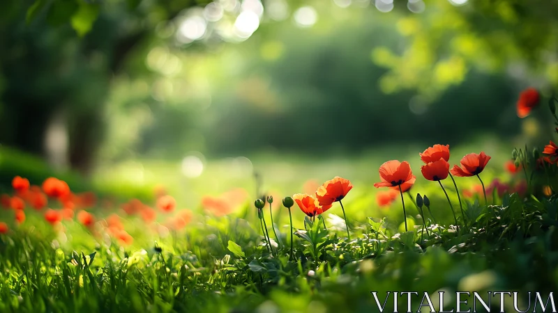 Red poppies bloom in sunlit garden with soft bokeh background.