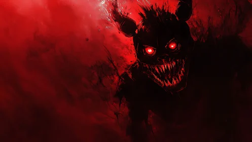 Demonic creature with luminous eyes emerging from abstract red void
