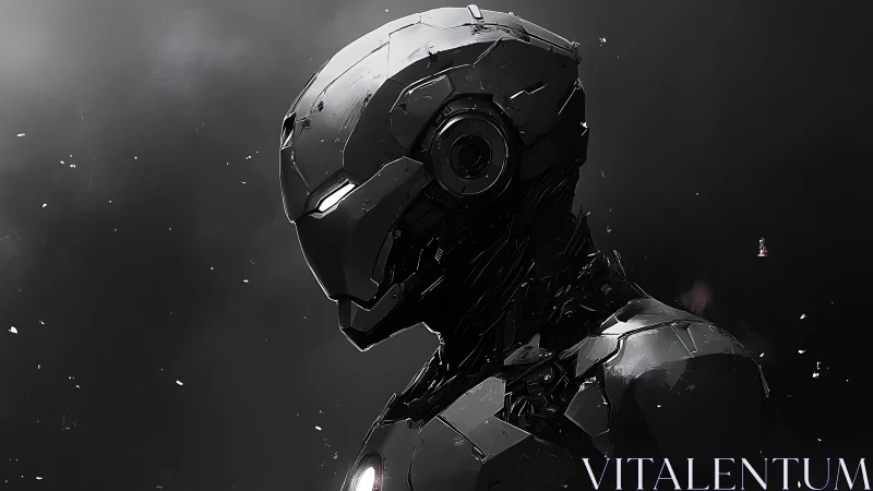 Brooding combat android in fractured glossy armor profile.
