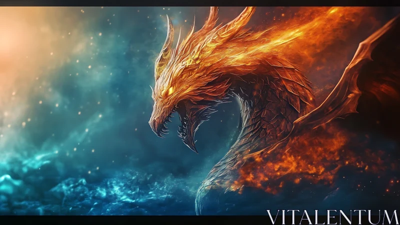 Fiery dragon profile rendered against contrasting blue field