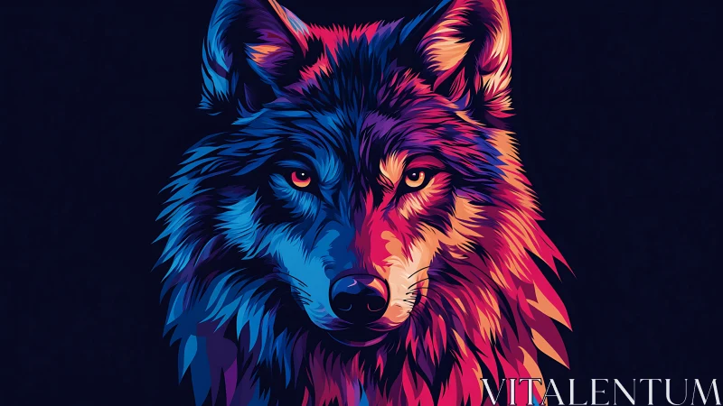 Chromatic wolf portrait rendered in high-contrast vector gradients
