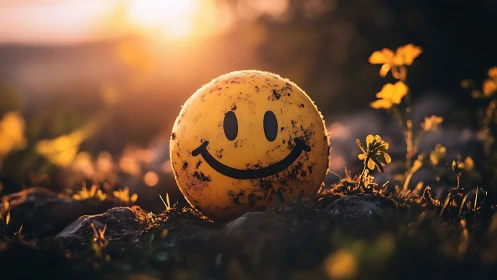 Dirty smiley face ball resting in warm sunset field.