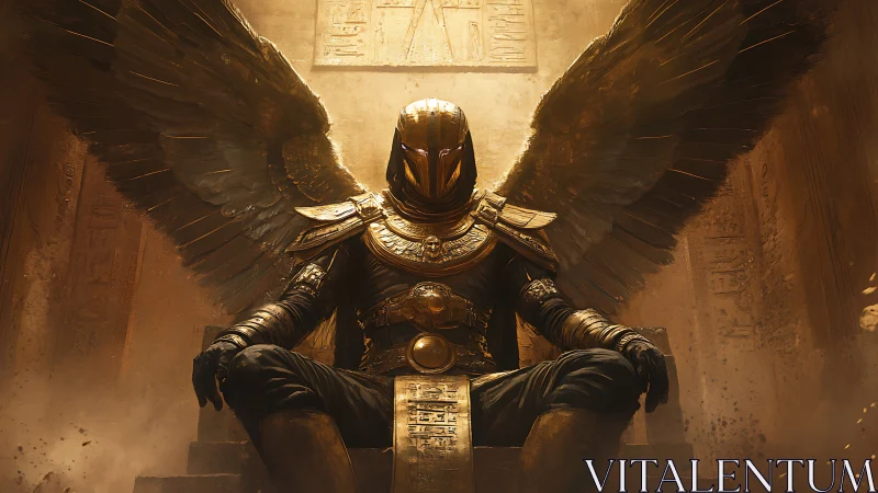 Winged armored deity on sandstone throne in golden haze