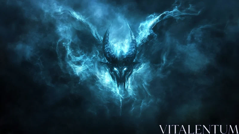 Ethereal blue demon skull emerging from swirling smoke.