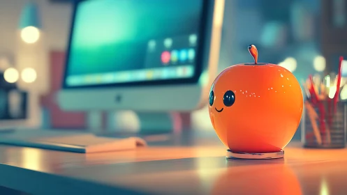 Cute orange apple mascot brightens modern computer desk.