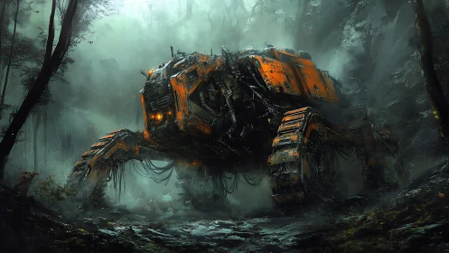 Colossal orange mech stalks through a mist-drenched forest