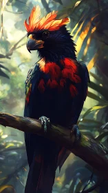 Crested black and red bird rendered in dense tropical forest