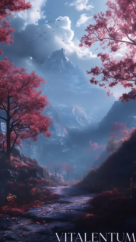 Crimson forest trail leading toward misty alpine summit.